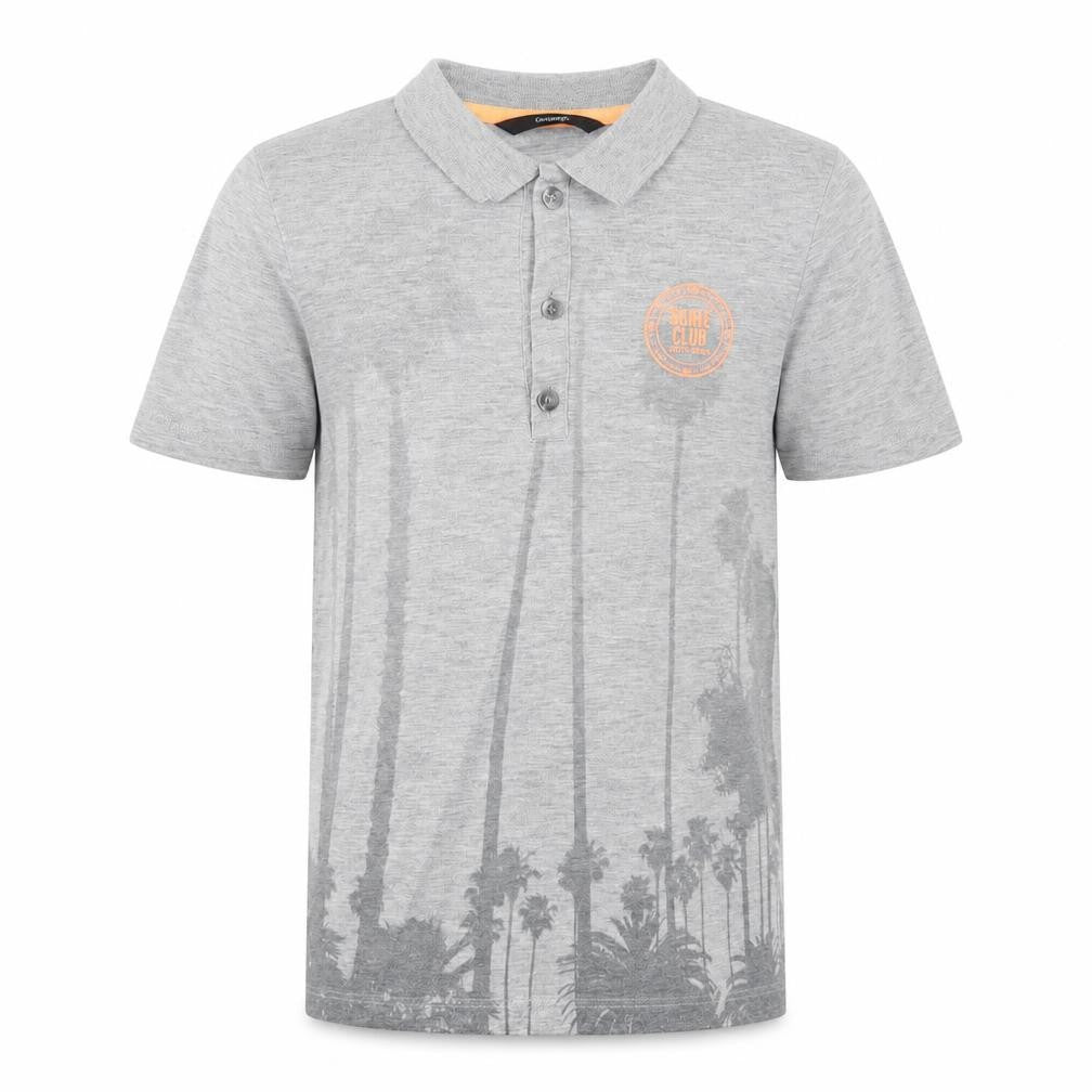 Front view of George boys’ grey cotton basic polo, size 7-8, years collared button - palm trees