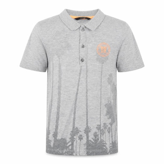 Front view of George boys’ grey cotton basic polo, size 7-8, years collared button - palm trees