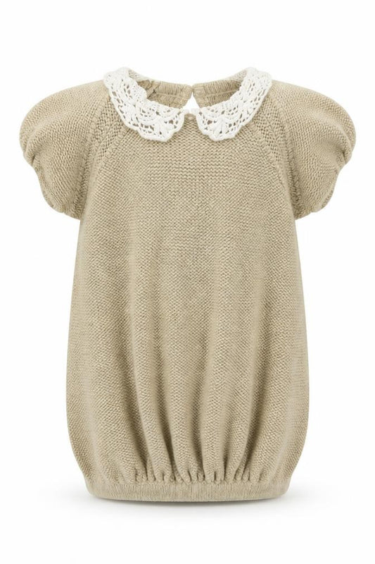 Front view of George Baby Beige Acrylic Jumper Dress, size 3-6, Months Collared Button