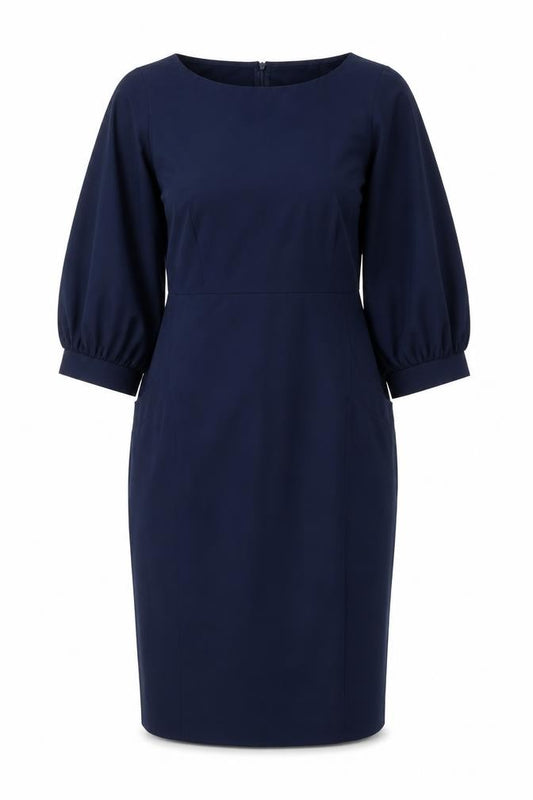 Front view of SHEIN women’s blue polyester sheath, size S, round neck zip