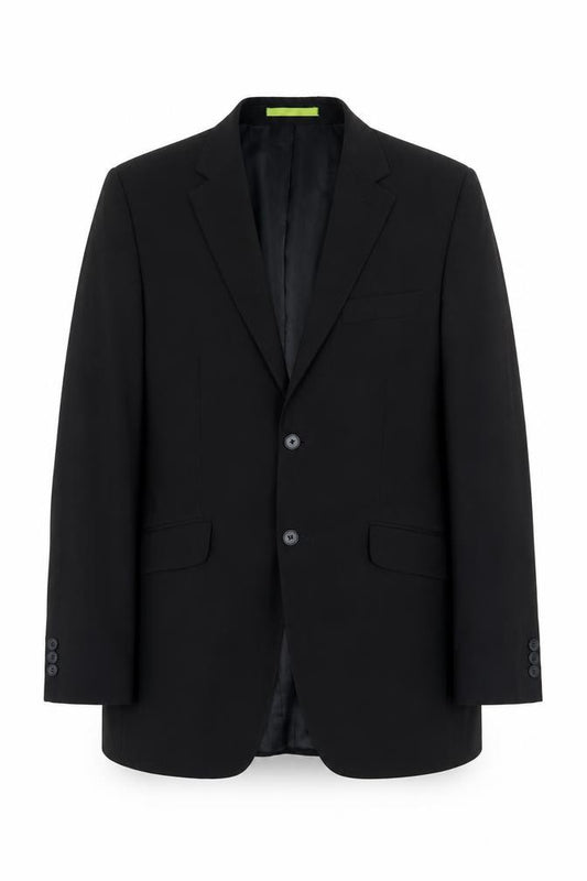 Front view of Burton men’s black wool jacket suit jacket, size 38, regular