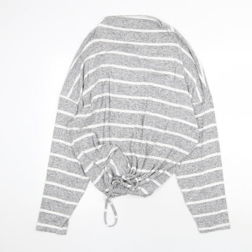 Marks and Spencer Womens Grey Mock Neck Striped Viscose Pullover Jumper Size 20 - Drawstring Hem