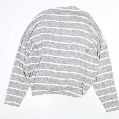 Marks and Spencer Womens Grey Mock Neck Striped Viscose Pullover Jumper Size 20 - Drawstring Hem