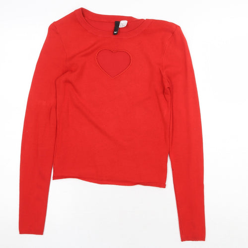 H&M Womens Red Crew Neck Viscose Pullover Jumper Size M - Cut Out Heart Detail