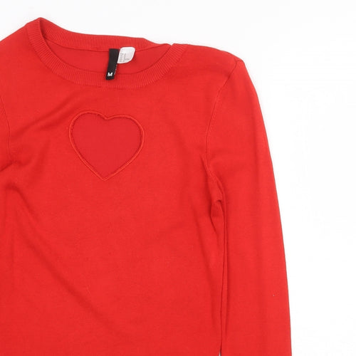 H&M Womens Red Crew Neck Viscose Pullover Jumper Size M - Cut Out Heart Detail