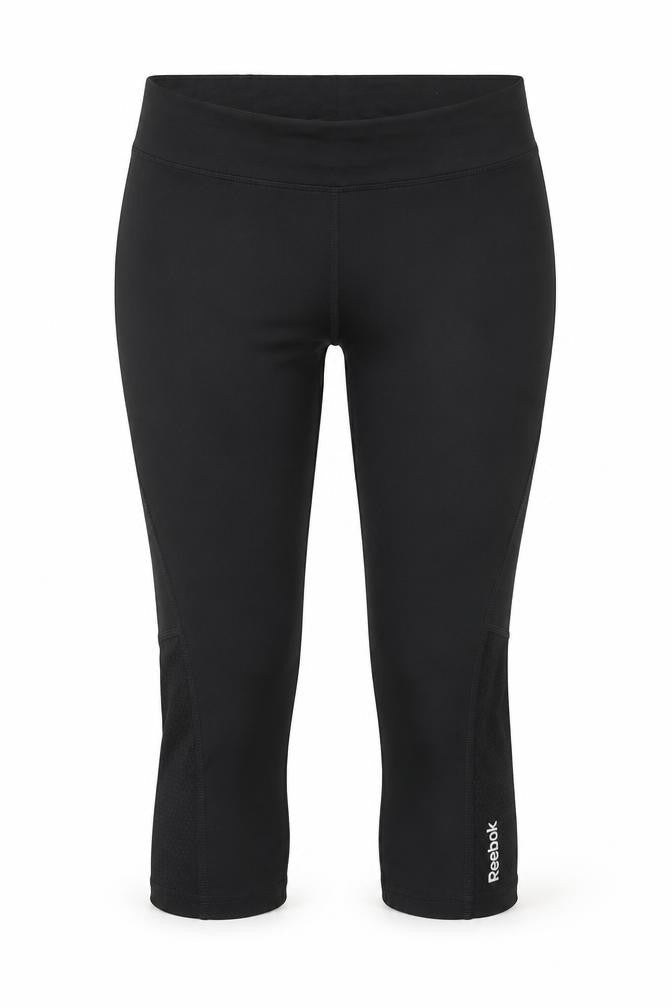 Front view of Reebok women’s black polyester cropped leggings, size XS, regular pullover - logo