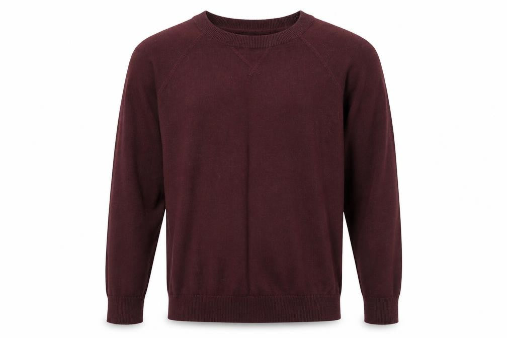Front view of H&M men’s red round neck cotton jumper, size M, long sleeve