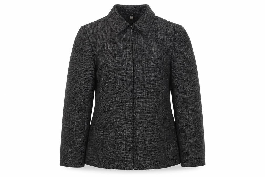 Front view of Preworn women’s black geometric jacket, size UK 14, zip
