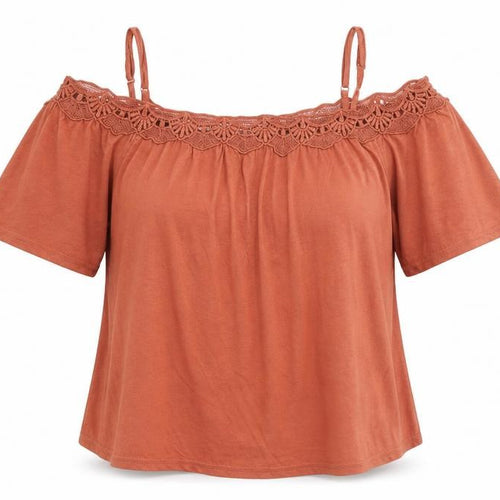 New Look Womens Brown Cotton Basic Blouse Size 10 Scoop Neck - Crochet Trim Cold Shoulder