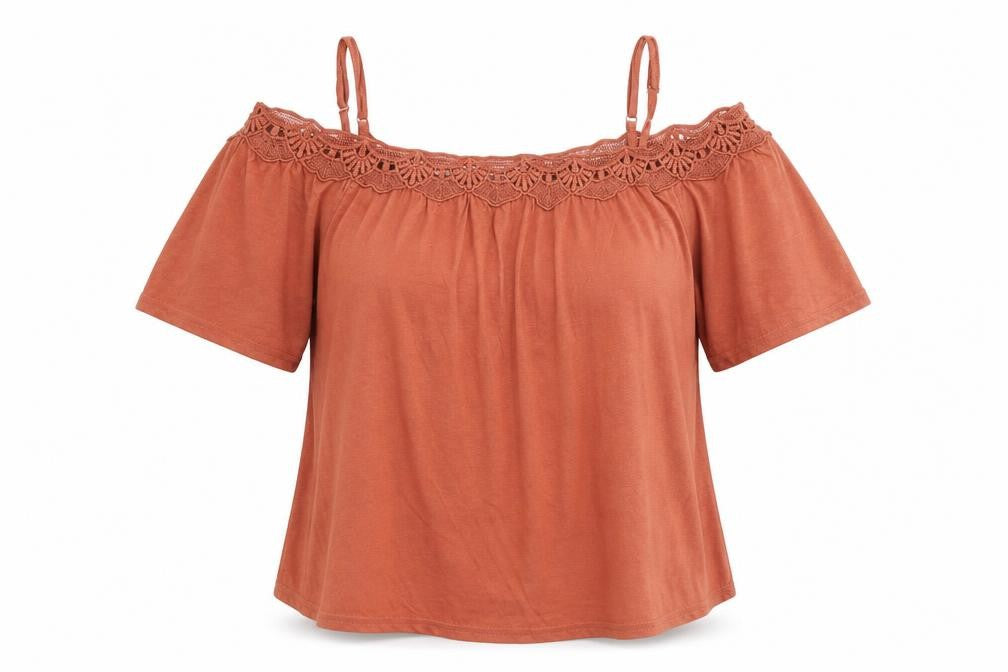 New Look Womens Brown Cotton Basic Blouse Size 10 Scoop Neck - Crochet Trim Cold Shoulder