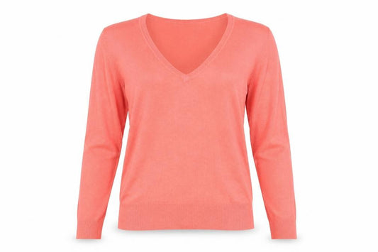 Front view of Essentials women’s pink v-neck acrylic jumper, size UK 12