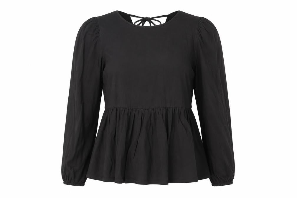 Front view of ASOS women’s black 100% cotton basic blouse, size UK 10, boat neck - peplum