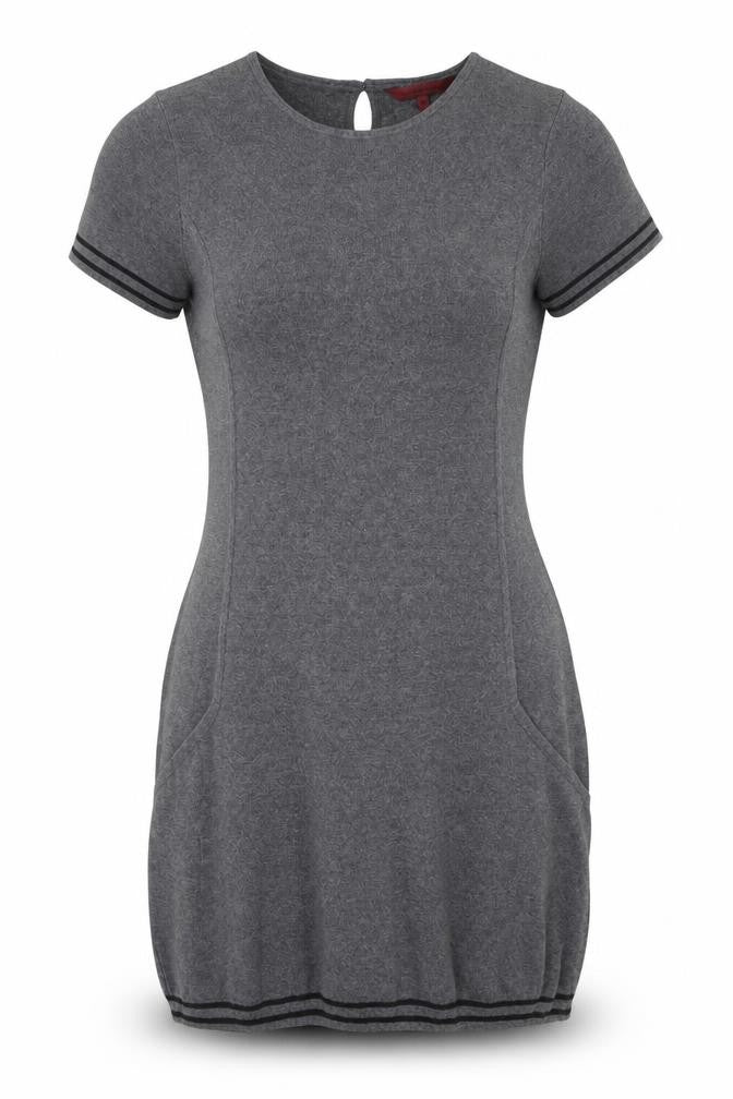 Front view of John Richmond women’s grey polyester a-line, size UK 12, round neck button