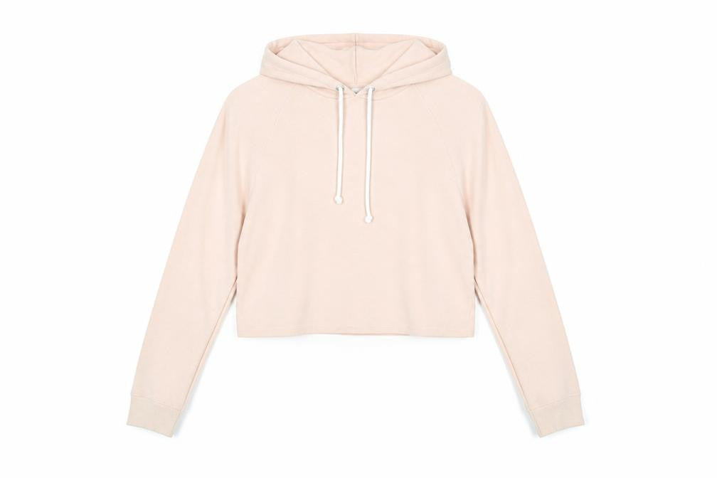 Front view of Divided by H&M women’s beige polyester pullover hoodie, size M, pullover