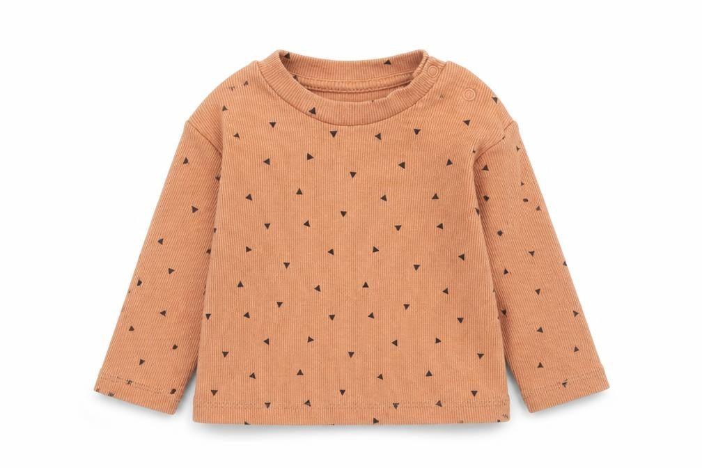 Front view of Primark Baby Brown Geometric Cotton Basic T-Shirt, size 6-9, Months Round Neck Button