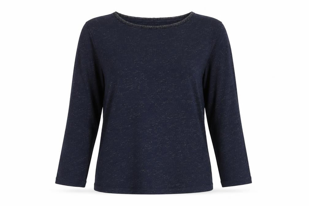 Front view of Monsoon women’s blue geometric viscose basic t-shirt, size S, round neck