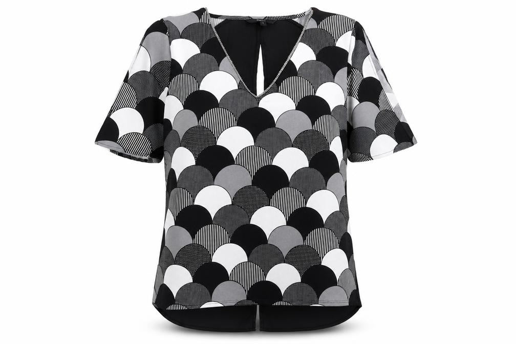 Front view of Next women’s black geometric polyester basic blouse, size UK 8, v-neck