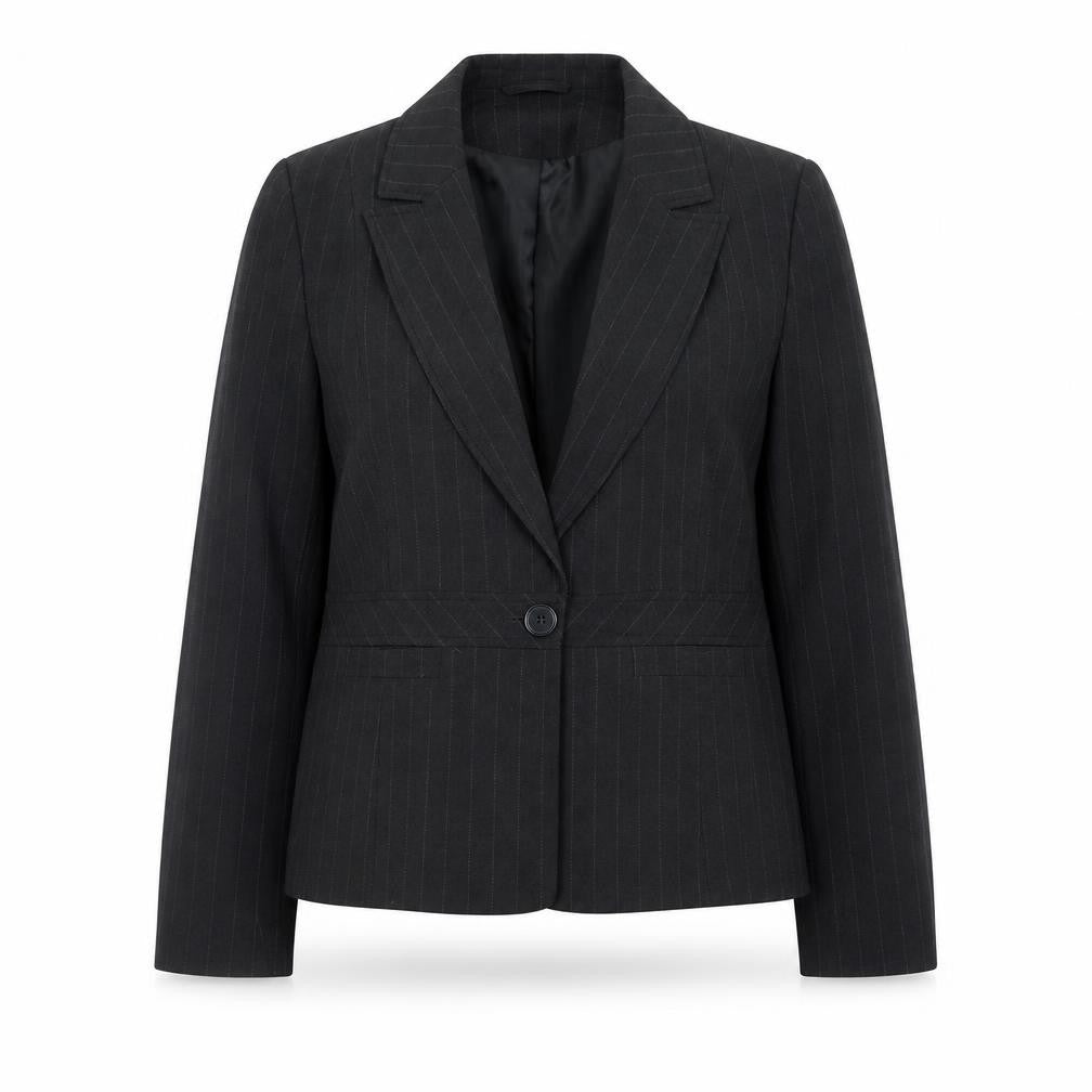 Front view of AMARANTO women’s grey pinstripe polyester jacket suit jacket, size UK 18