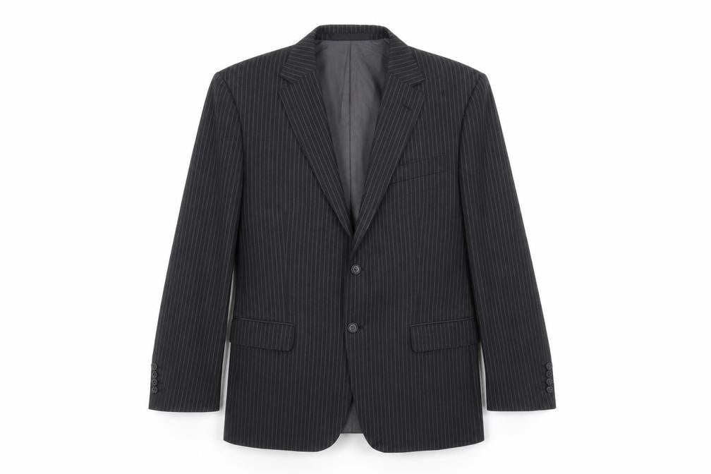 Front view of Marks & Spencer men’s grey striped polyester jacket suit jacket, size 42, regular