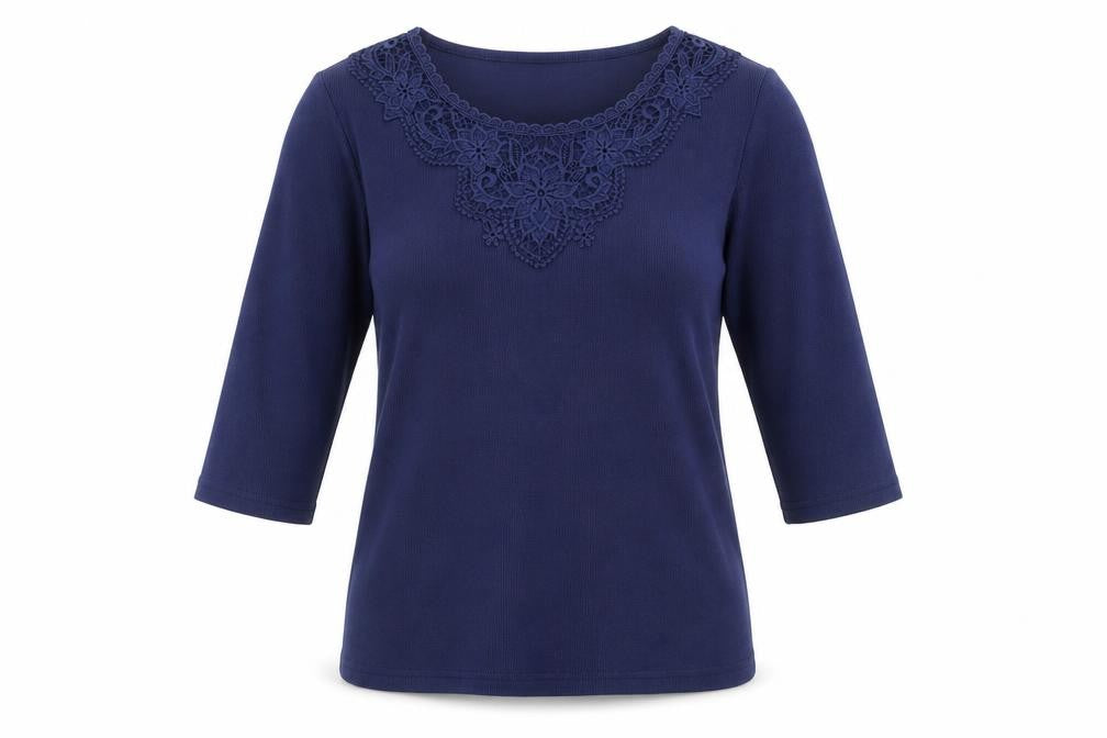 Bonmarché Womens Blue Boat Neck Polyester Pullover Jumper Size 12 - Crocheted Lace Detail