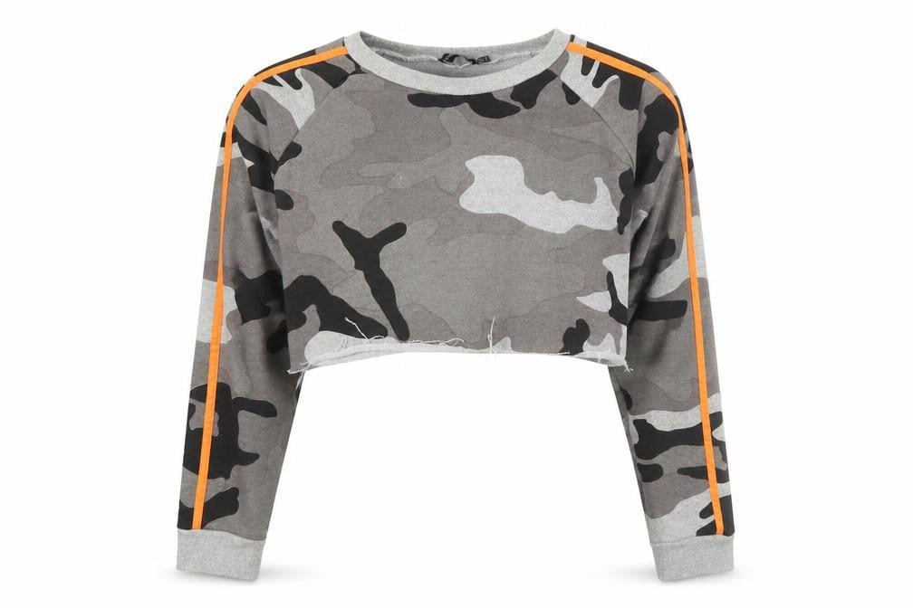Front view of PRETTYLITTLETHING women’s multicoloured camouflage cotton pullover sweatshirt, size UK 12, pullover