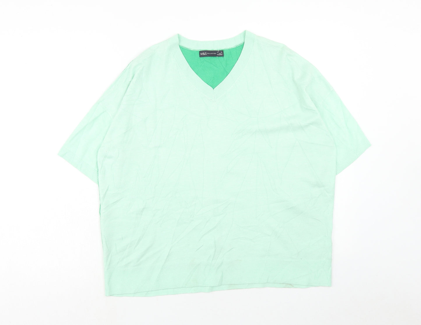 Marks and Spencer Womens Green V-Neck Viscose Pullover Jumper Size 14