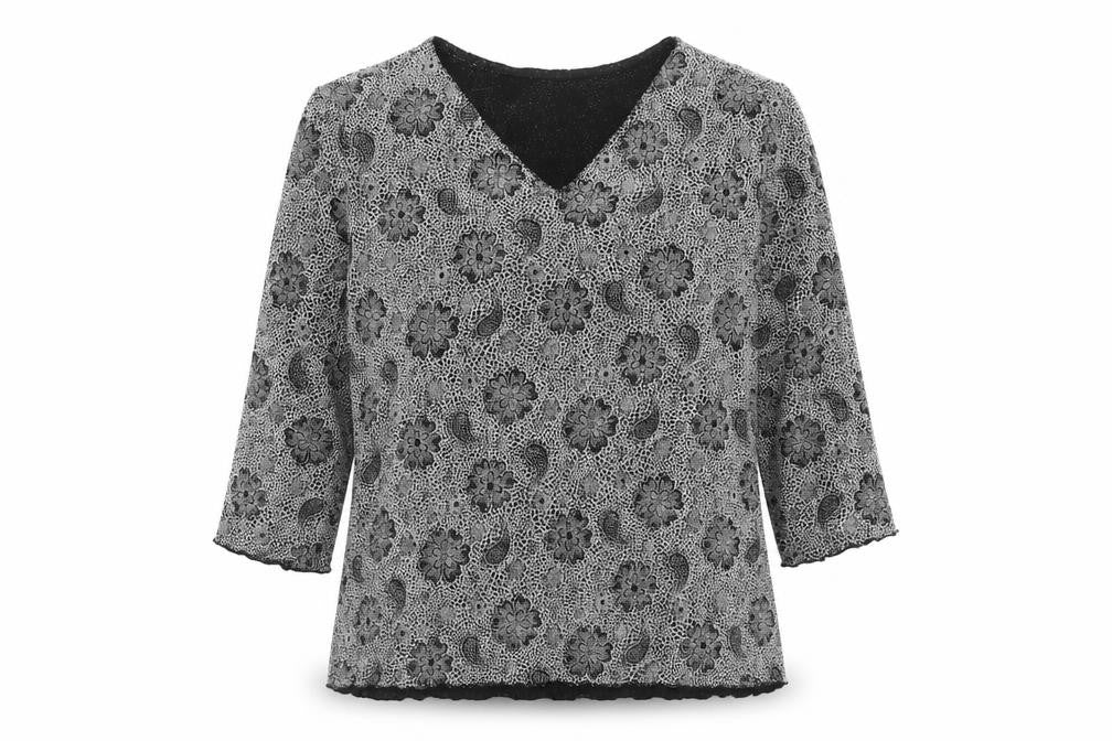 Front view of Bonmarché women’s black geometric nylon basic blouse, size M, v-neck