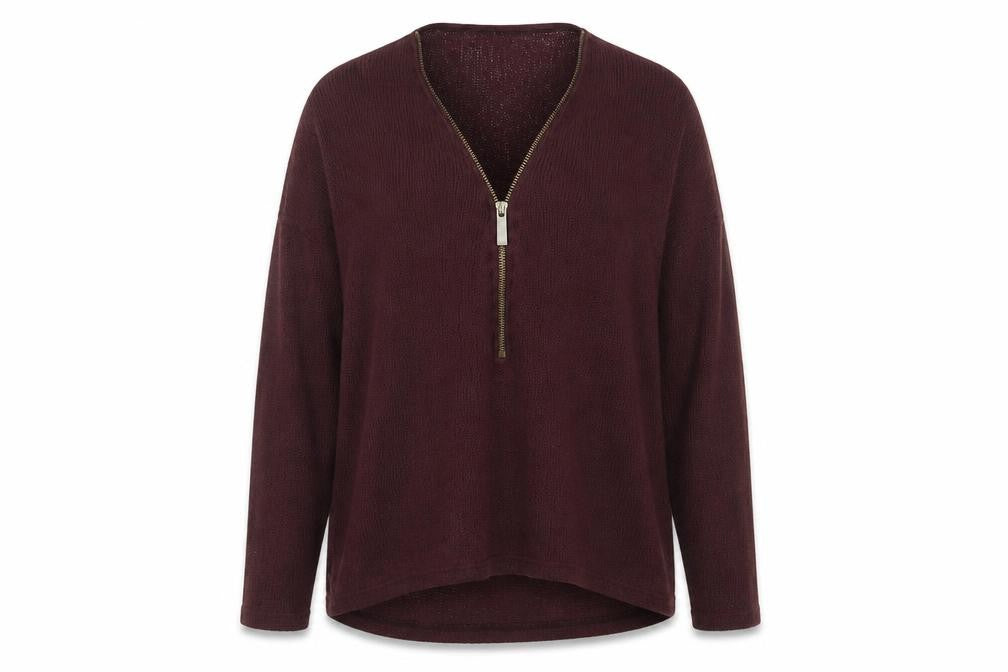 Front view of River Island women’s purple v-neck viscose jumper, size UK 12