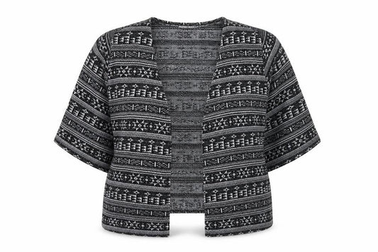 Front view of Atmosphere women’s black v-neck geometric polyester jumper, size UK 18