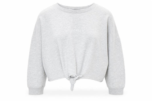 Front view of Primark women’s grey polyester pullover sweatshirt, size UK 4, pullover - dreamer knot front