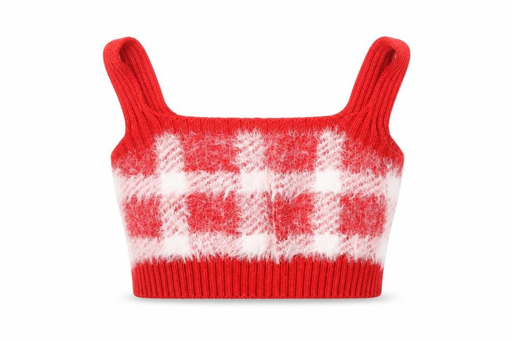 Front view of George girls’ red plaid acrylic basic tank, size XS, square neck pullover