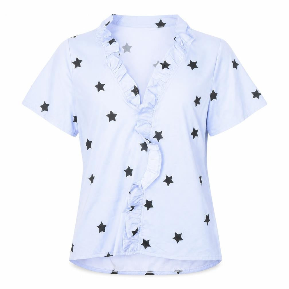 Front view of Preworn women’s blue geometric polyester basic blouse, size M, v-neck - stars