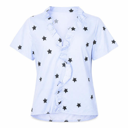 Front view of Preworn women’s blue geometric polyester basic blouse, size M, v-neck - stars