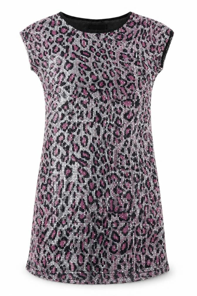 Heaven Womens Silver Animal Print Polyester T-Shirt Dress Size 8 Round Neck Pullover - Leopard Pattern