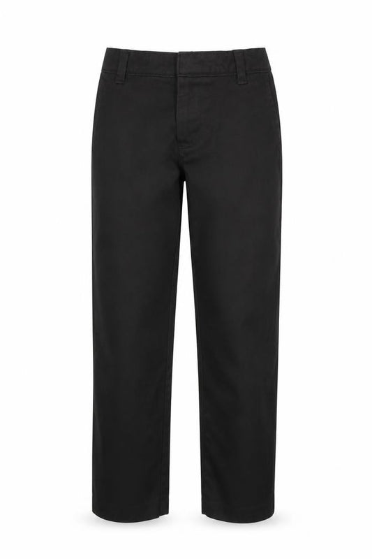 Front view of Preworn boys’ black viscose chino trousers, size 5-6, years regular zip