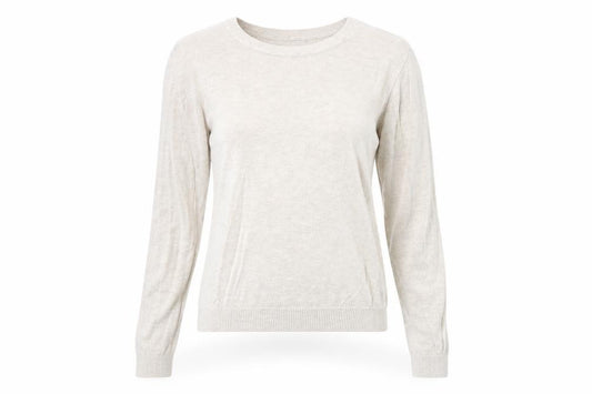 Front view of ASOS women’s beige round neck viscose jumper, size UK 8