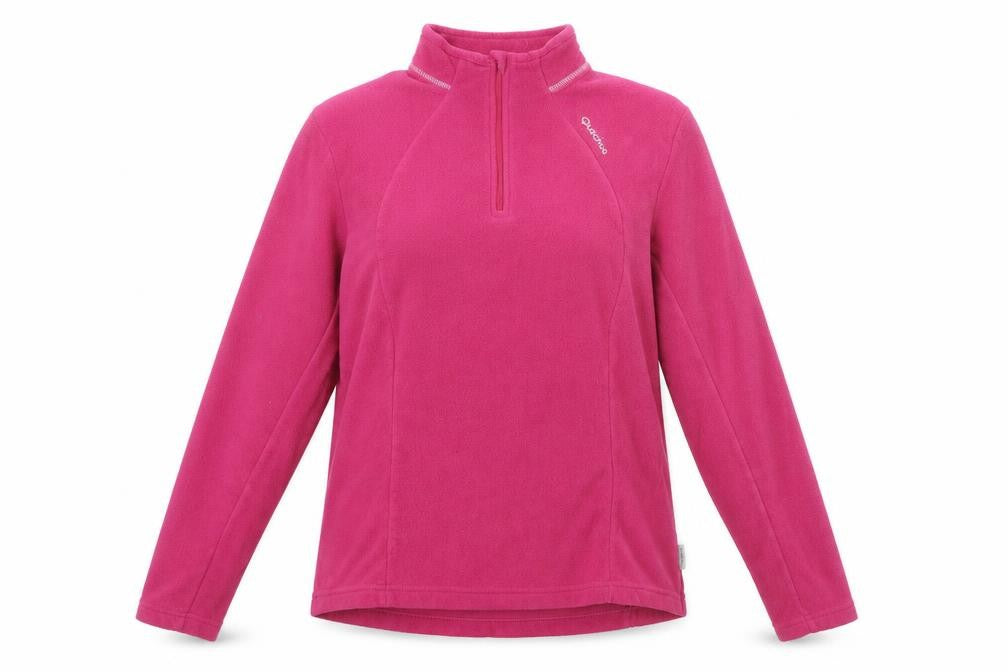 Front view of Quechua women’s pink polyester pullover sweatshirt, size L, zip