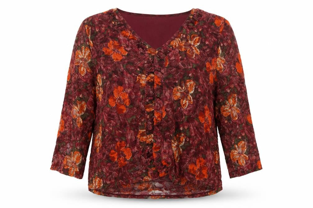 Front view of Klass women’s red floral nylon basic blouse, size 2XL, v-neck