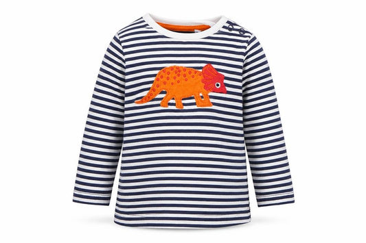Front view of Blue Zoo boys’ blue striped 100% cotton basic t-shirt, size 9-12, months round neck snap - dinosaur