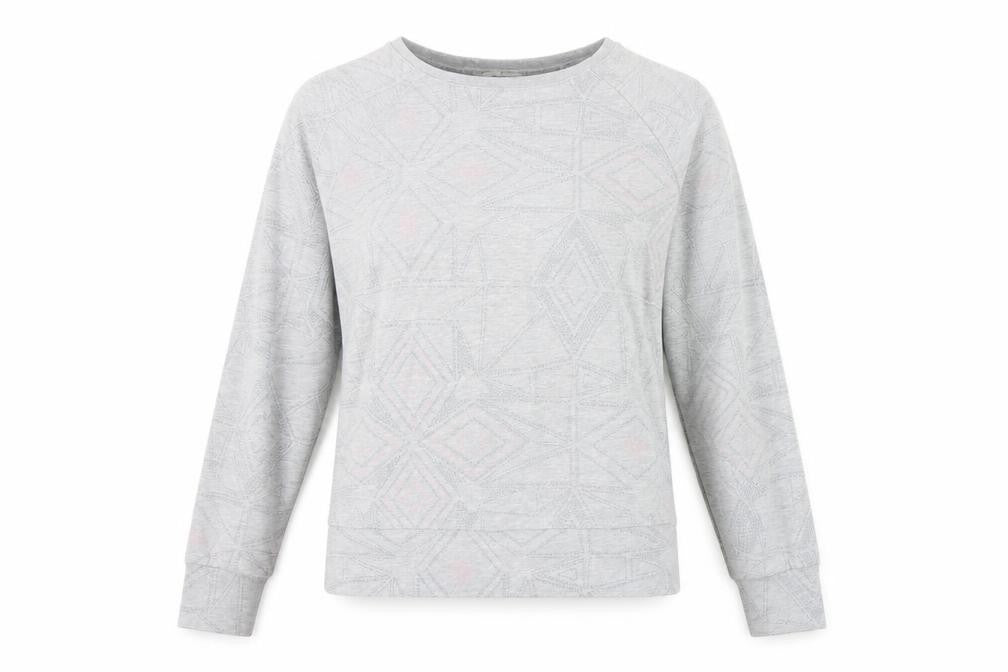 Front view of Maison De Nimes women’s grey geometric cotton pullover sweatshirt, size UK 14, pullover