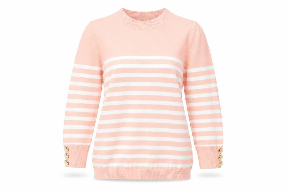 Front view of Atmosphere women’s pink round neck striped viscose jumper, size UK 4