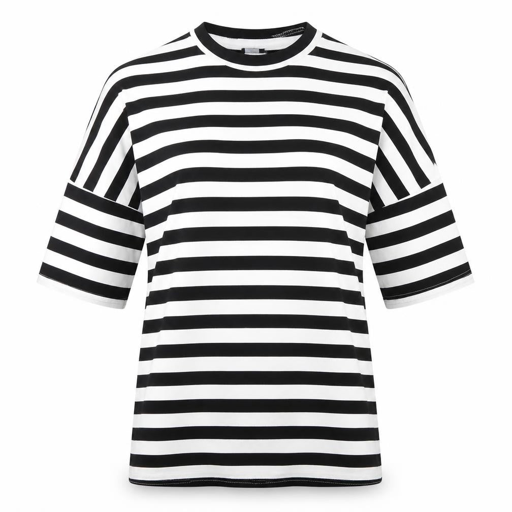Front view of PRETTYLITTLETHING women’s black striped viscose basic blouse, size UK 10, round neck