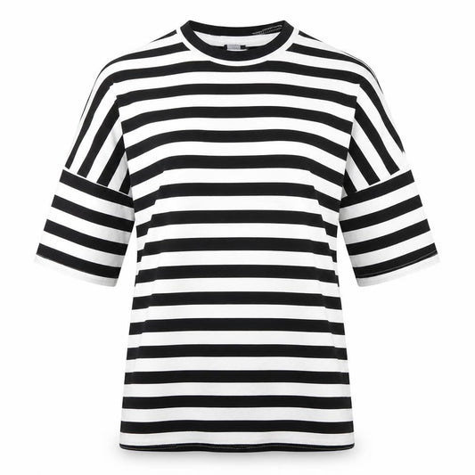 Front view of PRETTYLITTLETHING women’s black striped viscose basic blouse, size UK 10, round neck
