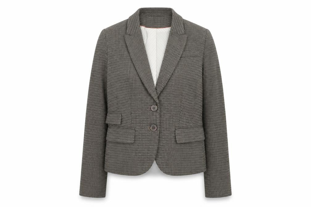 Front view of H&M women’s brown geometric polyester jacket blazer, size UK 6, - elbow patches