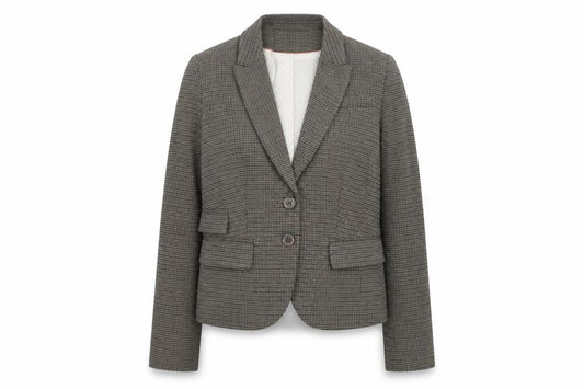 Front view of H&M women’s brown geometric polyester jacket blazer, size UK 6, - elbow patches