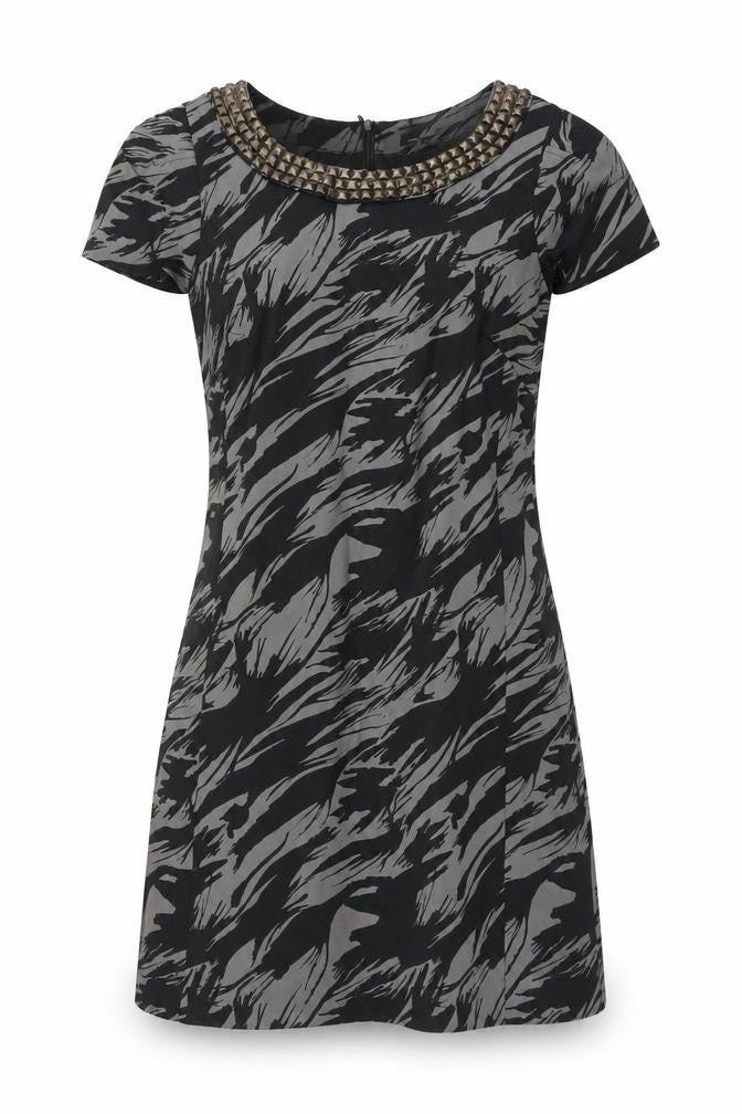 Oasis Womens Grey Geometric Cotton A-Line Size 10 Round Neck Zip