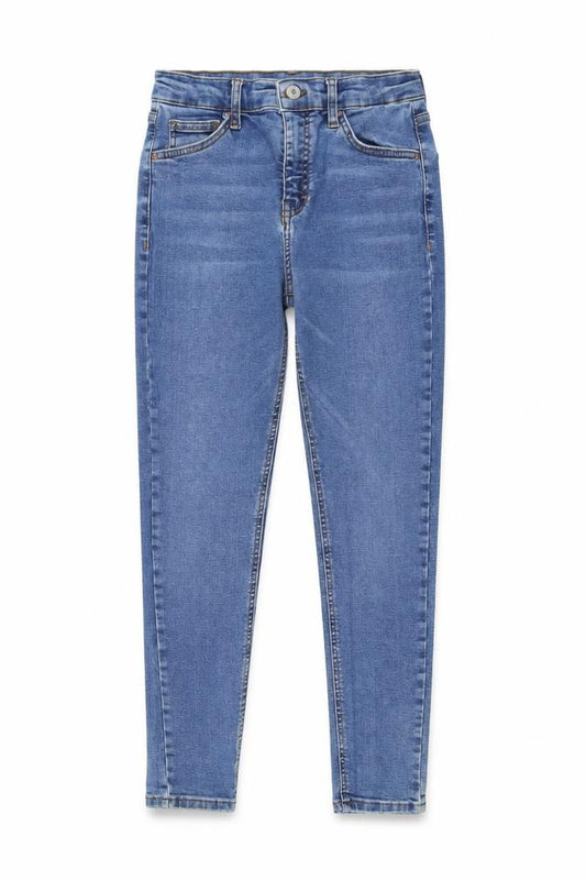 Front view of Topshop women’s blue cotton skinny jeans, size UK 24, in, 25-inch leg regular button