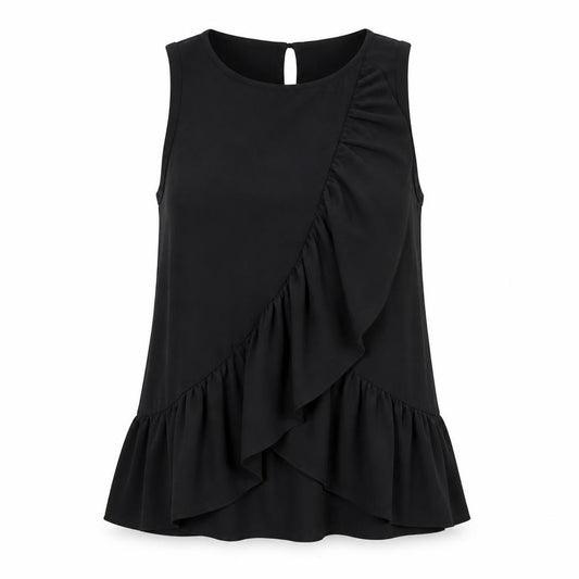 Front view of Next women’s black polyester basic tank, size UK 12, round neck