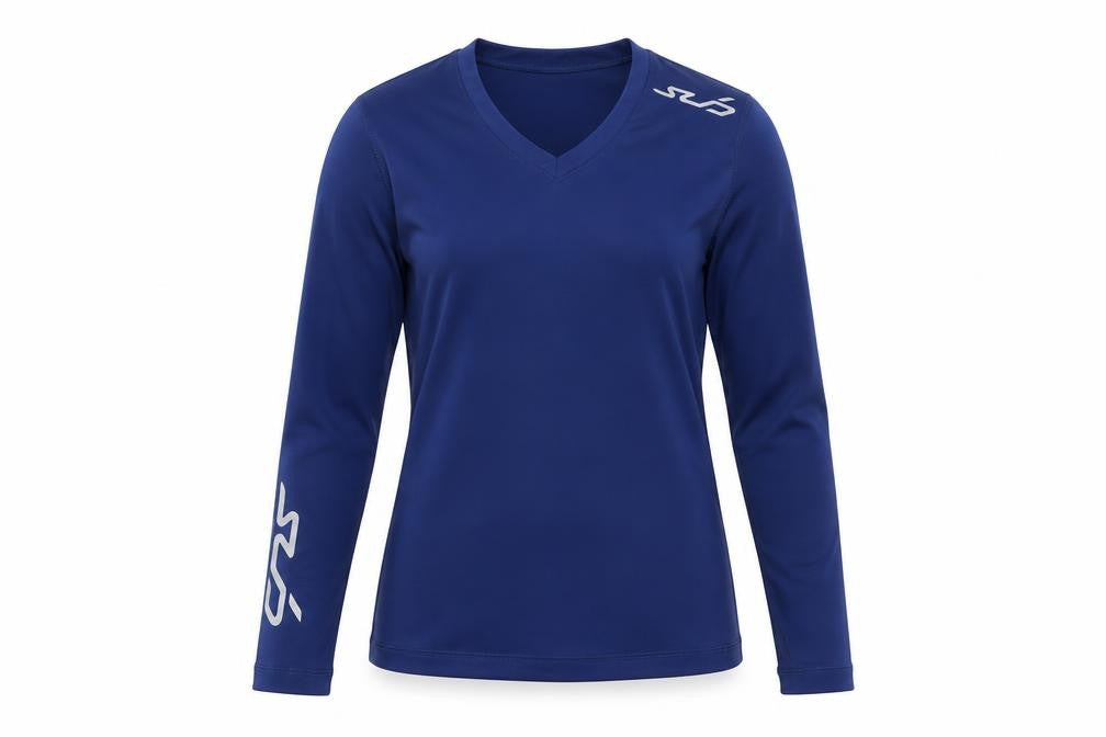 Front view of SVD women’s blue nylon pullover t-shirt, size XS, v-neck pullover
