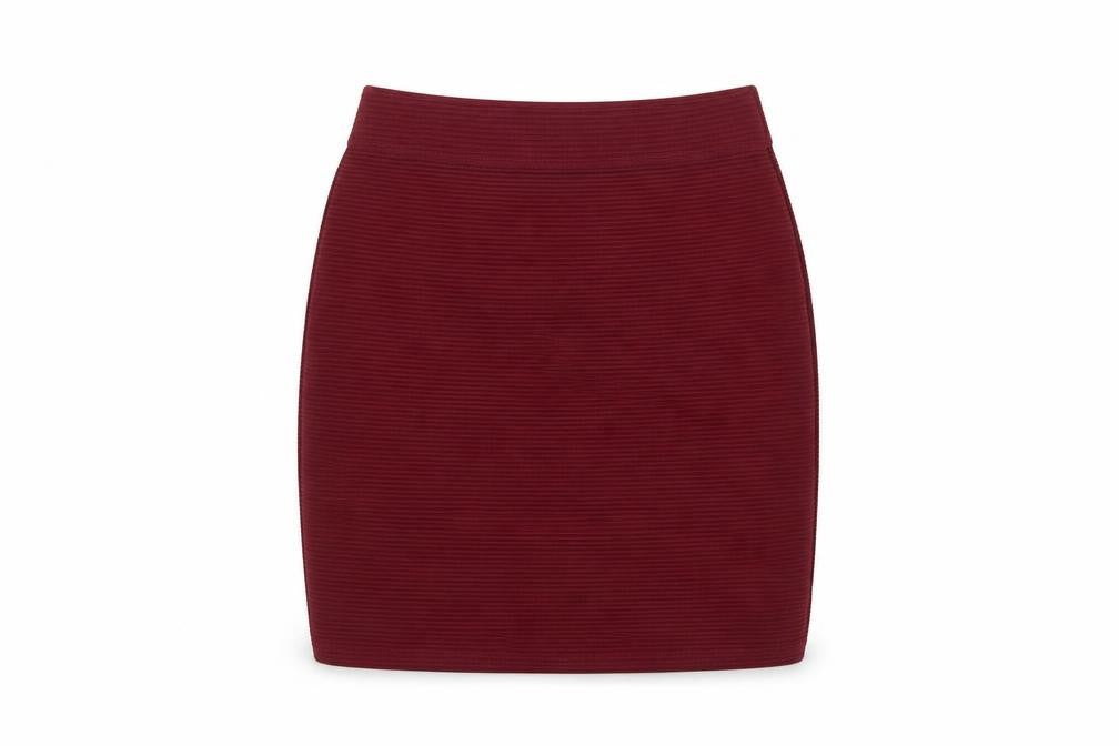 Front view of Select women’s red polyester bandage skirt, size UK 6